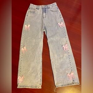 Light Wash Women’s Jeans with Pink Ribbon Bow Accents